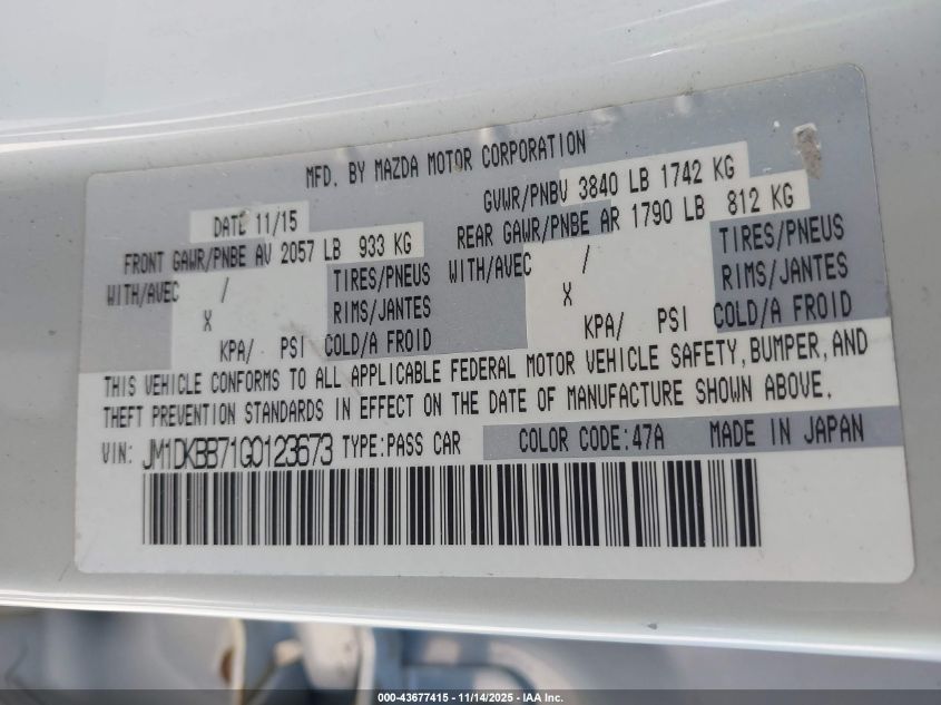 2016 Mazda Cx-3 Sport VIN: JM1DKBB71G0123673 Lot: 43677415