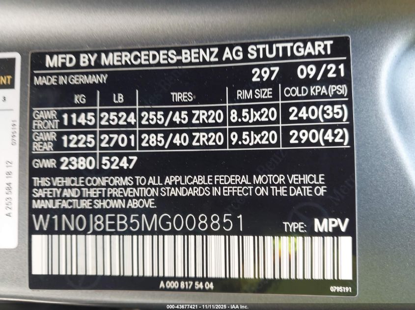 2021 Mercedes-Benz Glc 300 4Matic Coupe VIN: W1N0J8EB5MG008851 Lot: 43677421