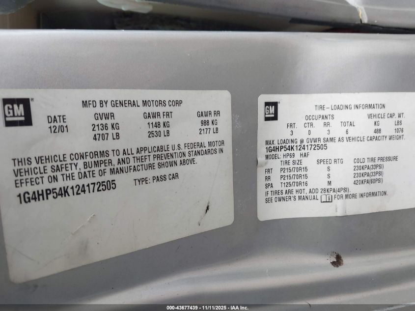 2002 Buick Lesabre Custom VIN: 1G4HP54K124172505 Lot: 43677439