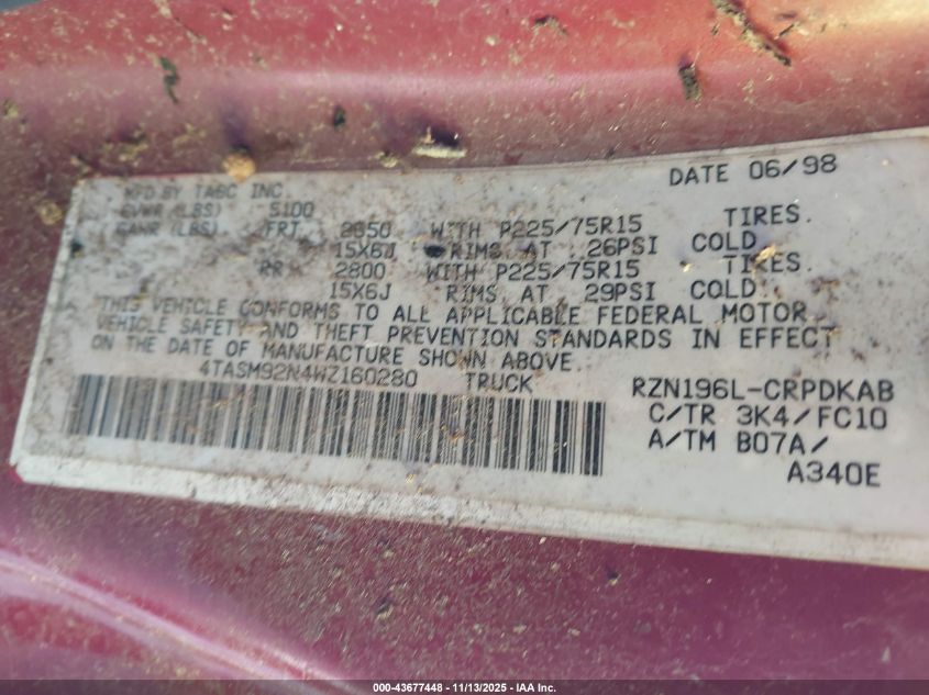 1998 Toyota Tacoma Prerunner VIN: 4TASM92N4WZ160280 Lot: 43677448