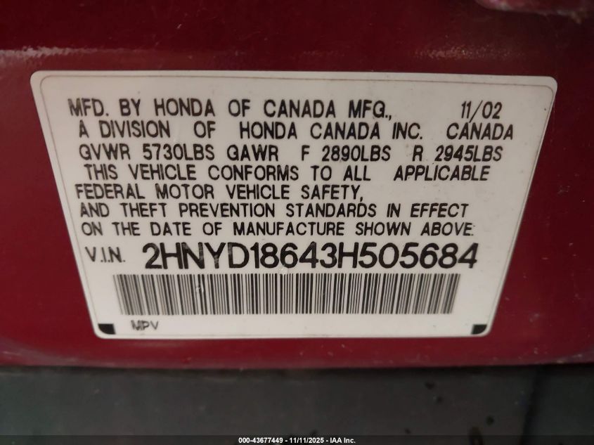 2003 Acura Mdx VIN: 2HNYD18643H505684 Lot: 43677449