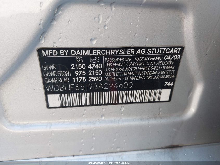 2003 Mercedes-Benz E 320 VIN: WDBUF65J93A294600 Lot: 43677462