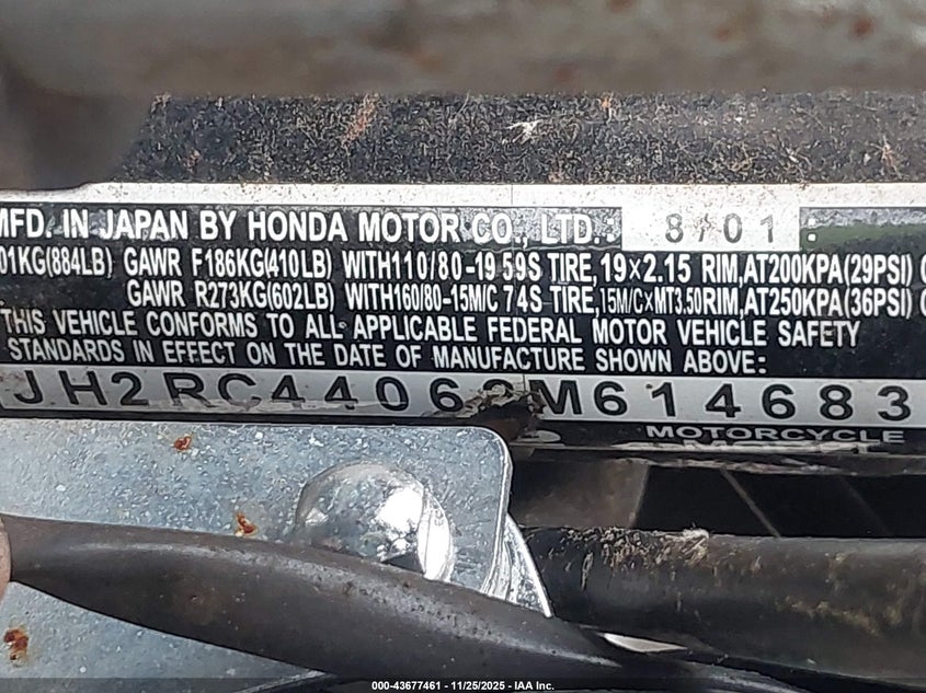 2002 Honda Vt750 Dc VIN: JH2RC44062M614683 Lot: 43677461