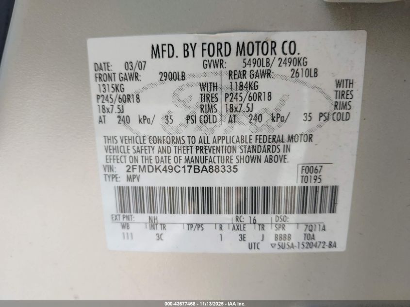 2007 Ford Edge Sel Plus VIN: 2FMDK49C17BA88335 Lot: 43677468