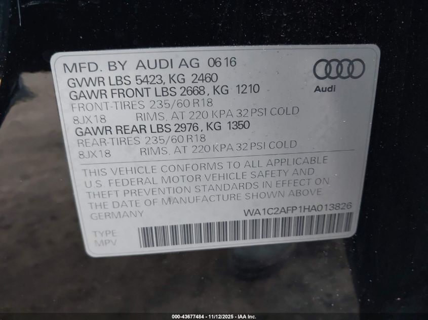 2017 Audi Q5 2.0T Premium VIN: WA1C2AFP1HA013826 Lot: 43677484