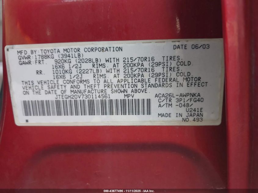 2003 Toyota Rav4 VIN: JTEGH20V730114561 Lot: 43677496