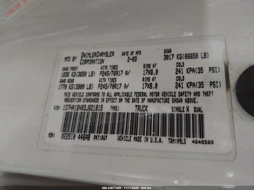 2003 Dodge Ram 1500 Slt/Laramie/St VIN: 1D7HA18N03J621815 Lot: 43677499