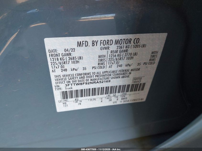 2022 Ford Maverick Xlt VIN: 3FTTW8F92NRA52169 Lot: 43677509