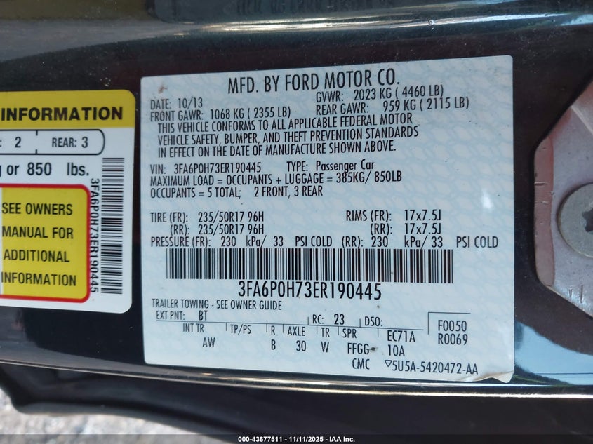 2014 FORD FUSION SE 3FA6P0H73ER190445