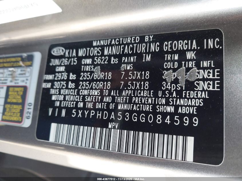 2016 Kia Sorento 3.3L Ex VIN: 5XYPHDA53GG084599 Lot: 43677512