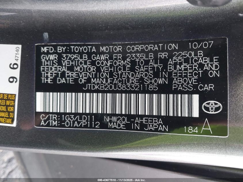 2008 Toyota Prius Touring VIN: JTDKB20U383321185 Lot: 43677518