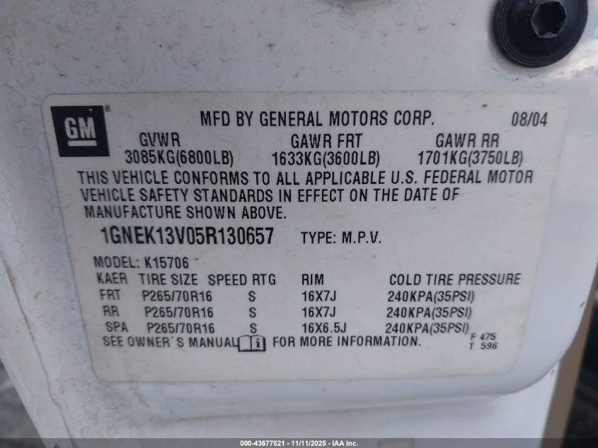 2005 Chevrolet Tahoe Ls VIN: 1GNEK13V05R130657 Lot: 43677521