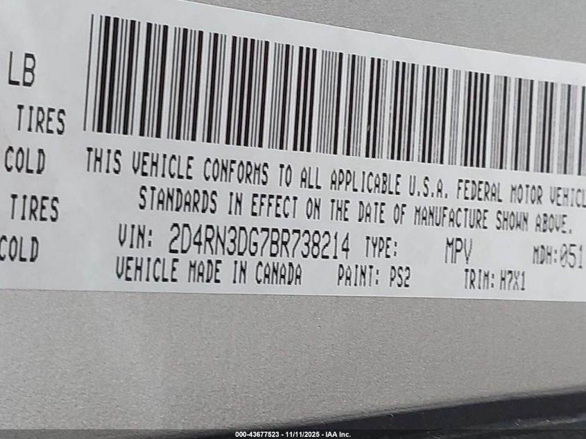 2011 Dodge Grand Caravan Mainstreet VIN: 2D4RN3DG7BR738214 Lot: 43677523