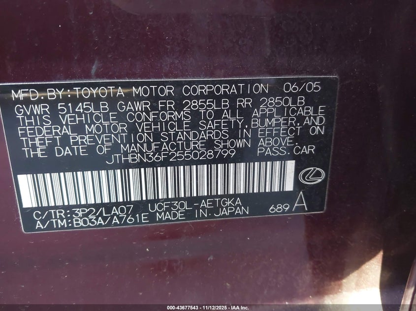 JTHBN36F255028799 2005 LEXUS LS photo no. 9