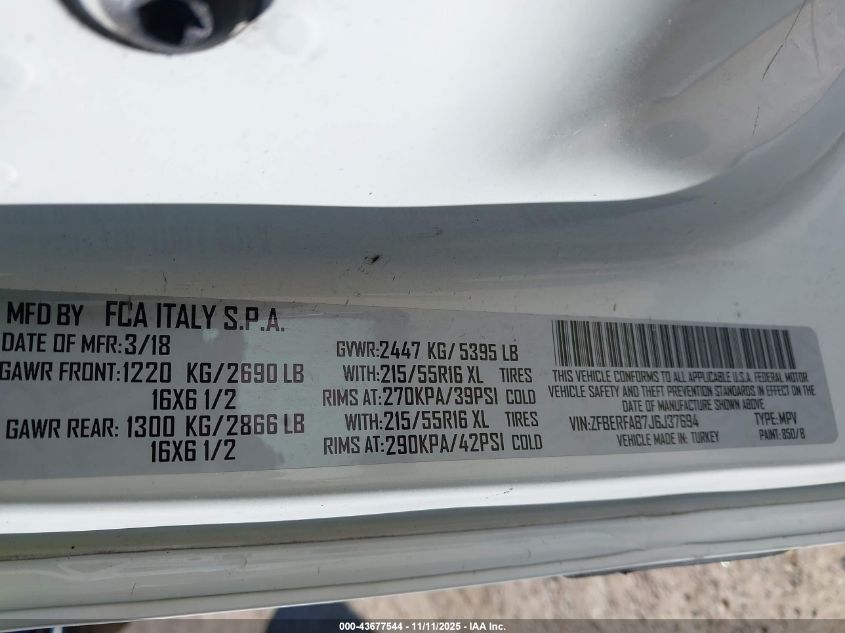 2018 Ram Promaster City Tradesman VIN: ZFBERFAB7J6J37694 Lot: 43677544