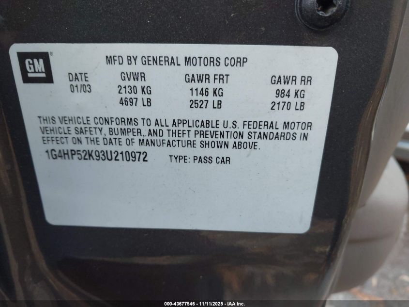 2003 Buick Lesabre Custom VIN: 1G4HP52K93U210972 Lot: 43677546