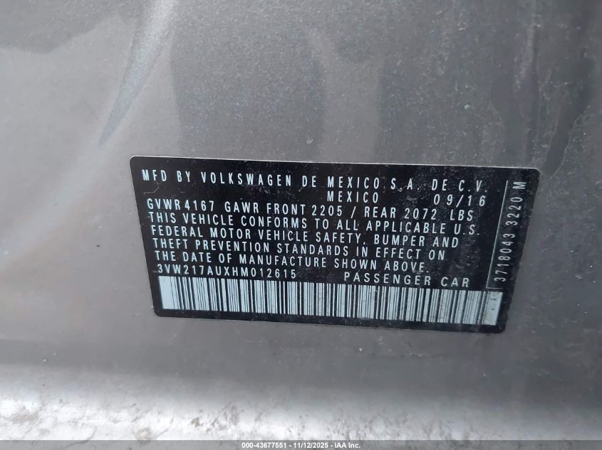 2017 Volkswagen Golf Tsi S 4-Door/Tsi Se 4-Door/Tsi Sel 4-Door/Tsi Wolfsburg Edition 4-Door VIN: 3VW217AUXHM012615 Lot: 43677551