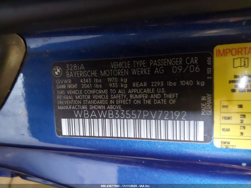 2007 BMW 328I VIN: WBAWB33557PV72192 Lot: 43677563