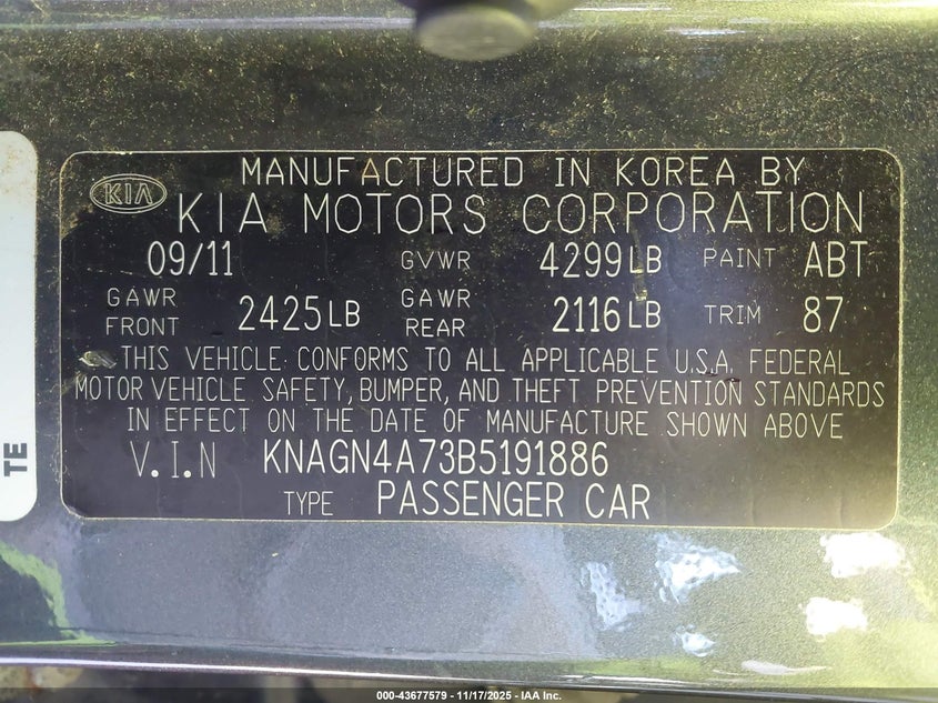 KNAGN4A73B5191886 2011 KIA OPTIMA photo no. 9
