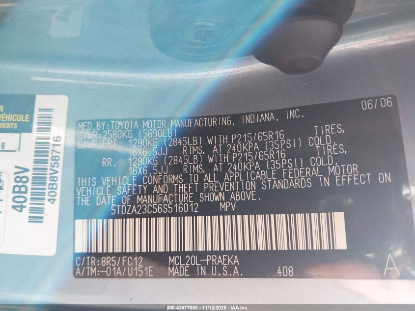 2006 Toyota Sienna Le VIN: 5TDZA23C56S516012 Lot: 43677588