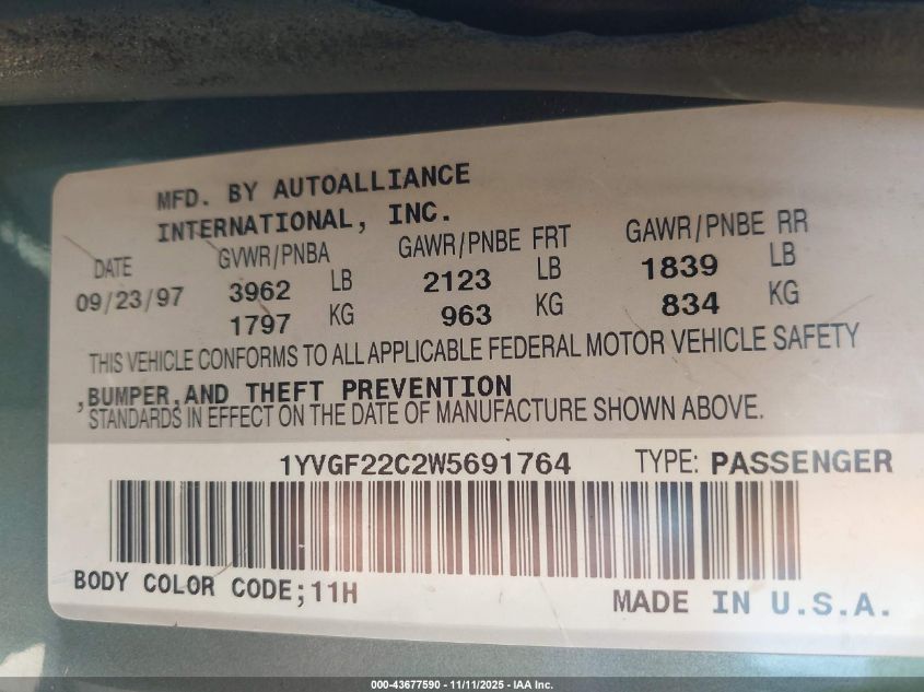 1998 Mazda 626 Dx/Lx VIN: 1YVGF22C2W5691764 Lot: 43677590