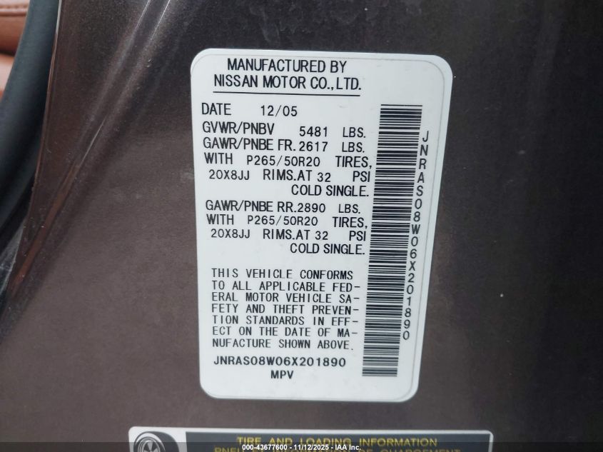 2006 Infiniti Fx35 VIN: JNRAS08W06X201890 Lot: 43677600