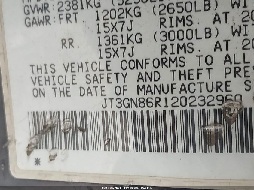 2002 Toyota 4Runner Sr5 V6 VIN: JT3GN86R120232960 Lot: 43677631