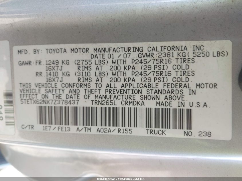 2007 Toyota Tacoma Prerunner VIN: 5TETX62NX7Z378437 Lot: 43677643