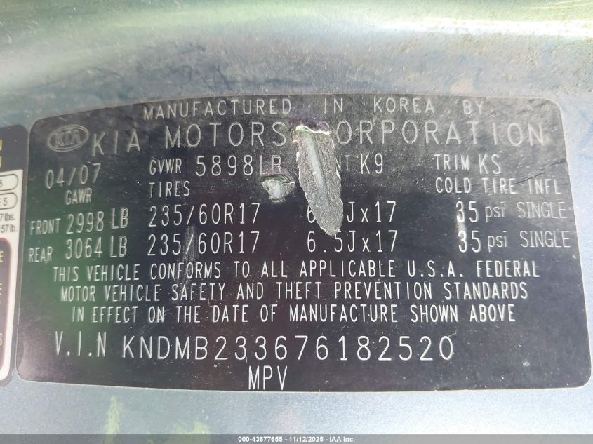 2007 Kia Sedona Ex VIN: KNDMB233676182520 Lot: 43677655