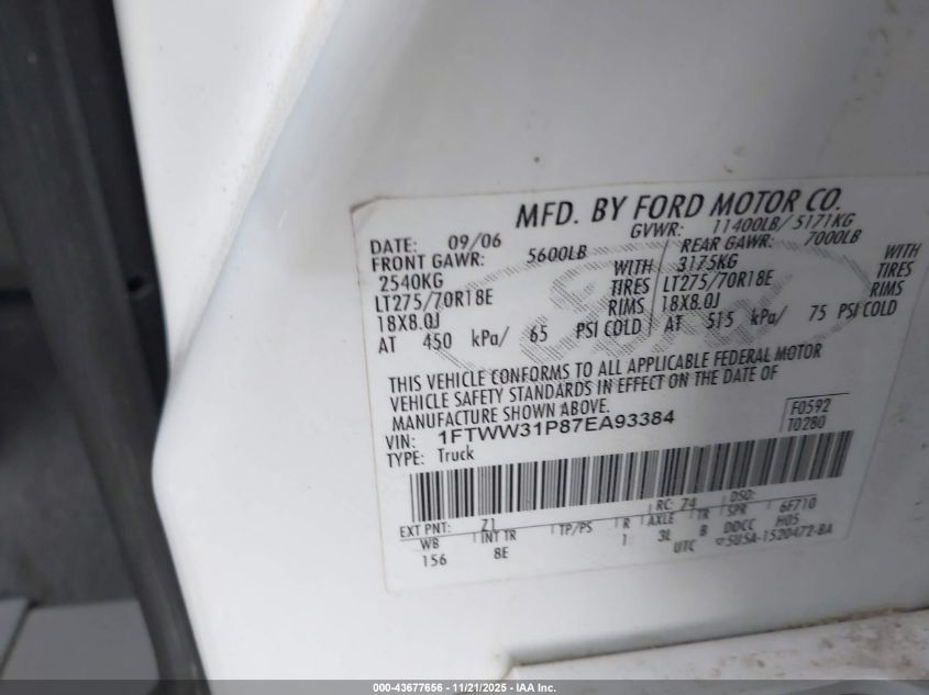 2007 Ford F-350 Lariat/Xl/Xlt VIN: 1FTWW31P87EA93384 Lot: 43677656