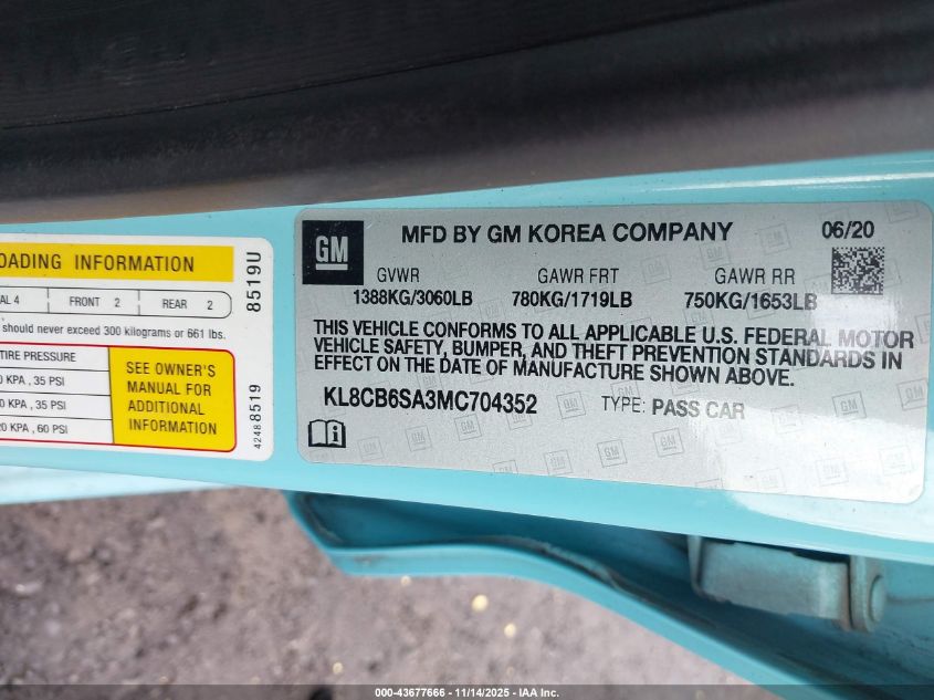 2021 Chevrolet Spark Ls VIN: KL8CB6SA3MC704352 Lot: 43677666