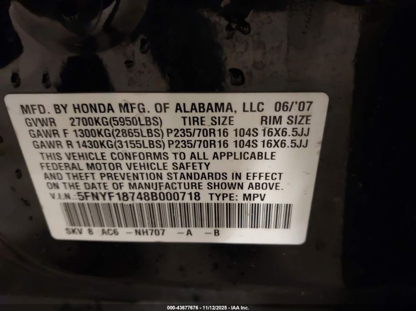 2008 Honda Pilot Ex-L VIN: 5FNYF18748B000718 Lot: 43677676