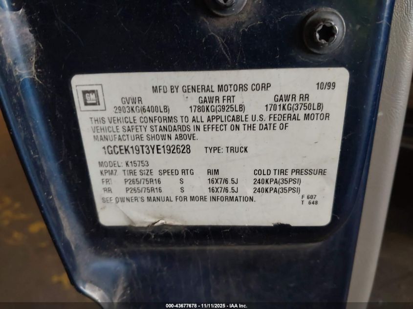 2000 Chevrolet Silverado 1500 Ls VIN: 1GCEK19T3YE192628 Lot: 43677678