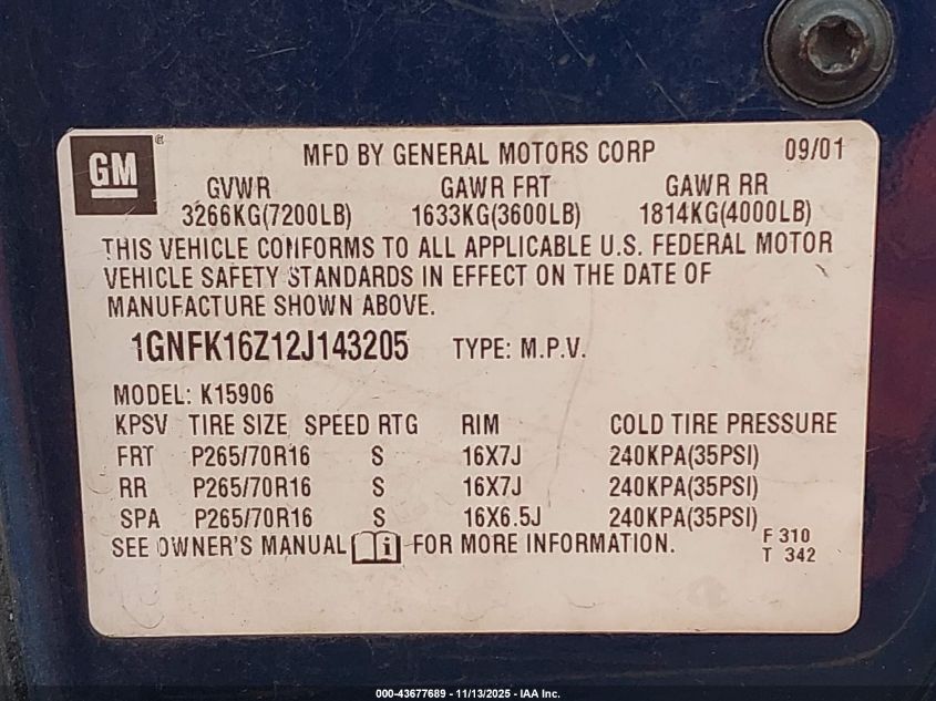 2002 Chevrolet Suburban 1500 Ls VIN: 1GNFK16Z12J143205 Lot: 43677689