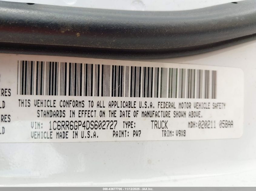 2013 Ram 1500 Slt VIN: 1C6RR6GP4DS602727 Lot: 43677706
