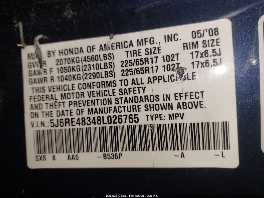 2008 Honda Cr-V Lx VIN: 5J6RE48348L026765 Lot: 43677724