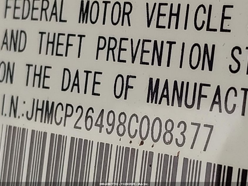 2008 Honda Accord 2.4 Lx-P VIN: JHMCP26498C008377 Lot: 43677732