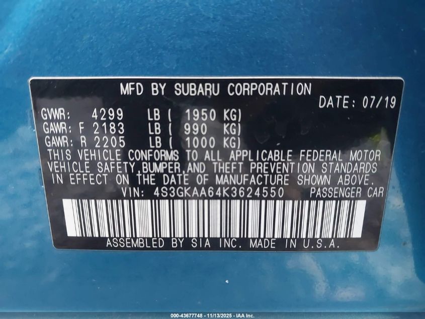 2019 Subaru Impreza 2.0I VIN: 4S3GKAA64K3624550 Lot: 43677748