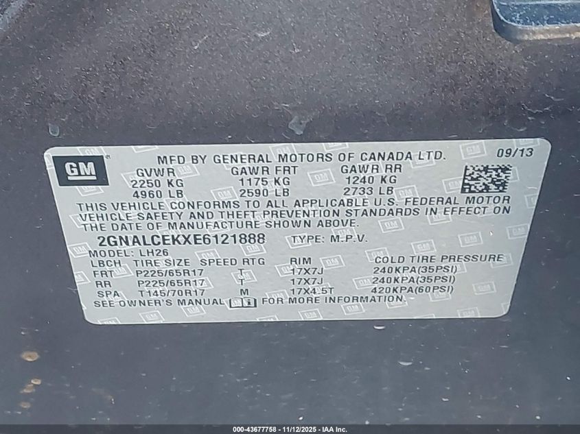 2014 Chevrolet Equinox 2Lt VIN: 2GNALCEKXE6121888 Lot: 43677758