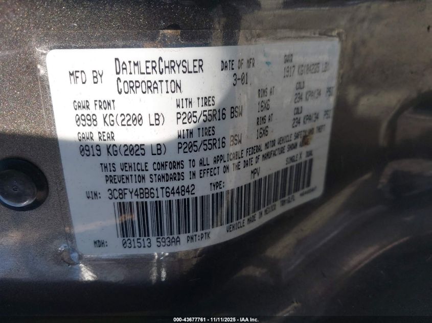 2001 Chrysler Pt Cruiser VIN: 3C8FY4BB61T644842 Lot: 43677761