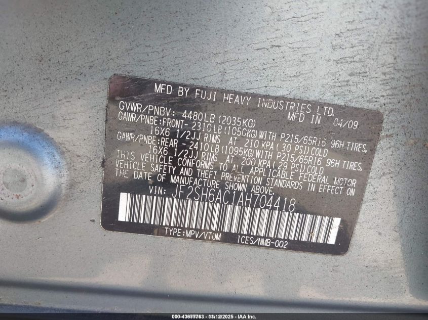 2010 Subaru Forester 2.5X VIN: JF2SH6AC1AH704418 Lot: 43677763