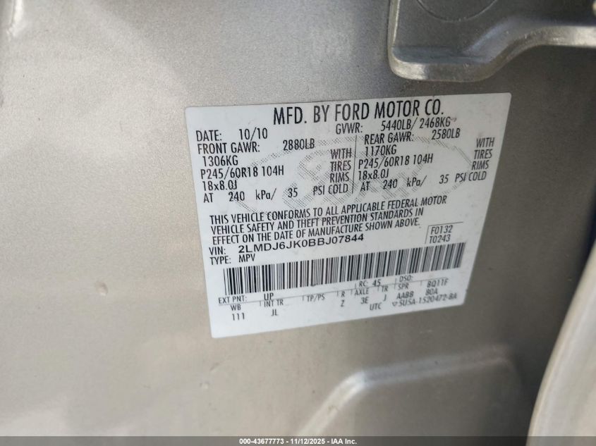 2011 Lincoln Mkx VIN: 2LMDJ6JK0BBJ07844 Lot: 43677773