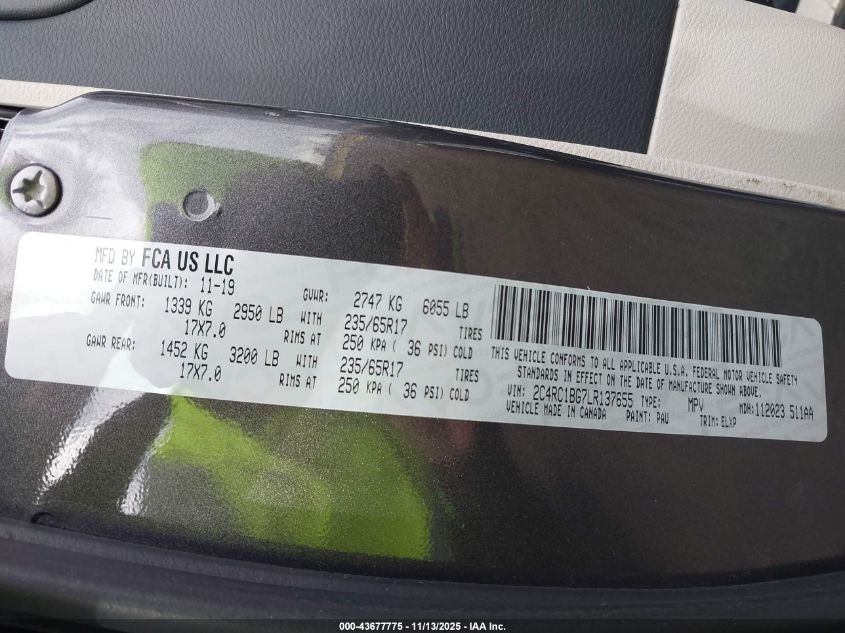 2020 Chrysler Pacifica Touring L VIN: 2C4RC1BG7LR137655 Lot: 43677775