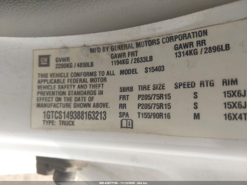 2008 GMC Canyon Yc1 VIN: 1GTCS149388163213 Lot: 43677788