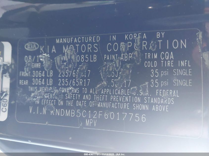 2015 Kia Sedona Lx VIN: KNDMB5C12F6017756 Lot: 43677791