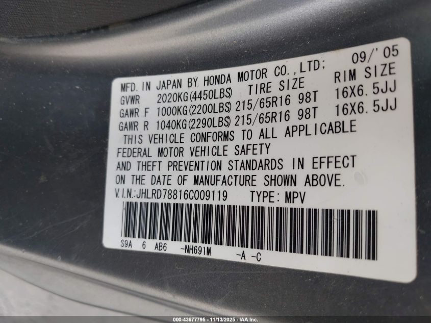 2006 Honda Cr-V Ex VIN: JHLRD78816C009119 Lot: 43677795