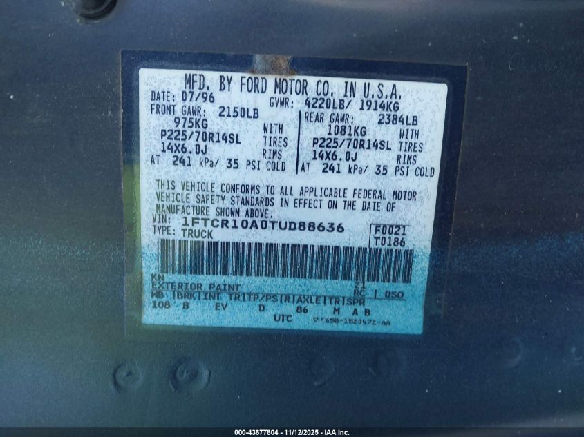 1996 Ford Ranger VIN: 1FTCR10A0TUD88636 Lot: 43677804