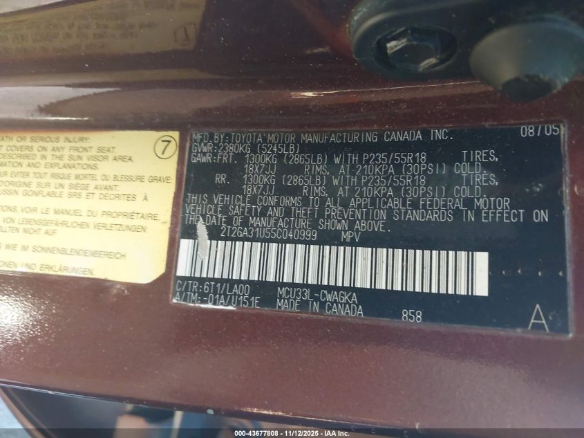 2005 Lexus Rx 330 VIN: 2T2GA31U55C040999 Lot: 43677808