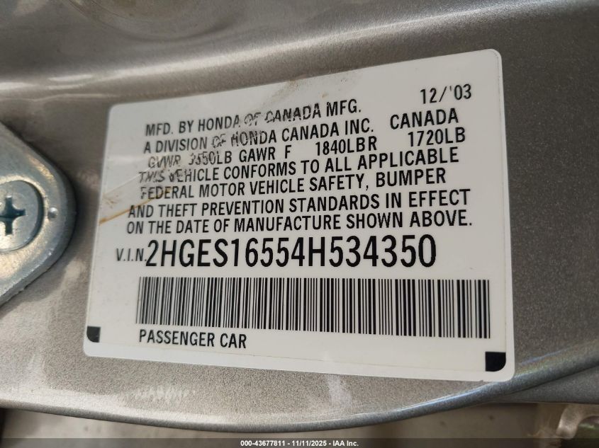 2004 Honda Civic Lx VIN: 2HGES16554H534350 Lot: 43677811