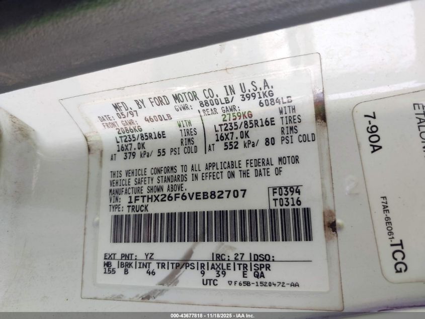 1997 Ford F-250 Xl VIN: 1FTHX26F6VEB82707 Lot: 43677818